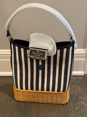 NWT Kate Spade Reegan Striped Canvas Wicker Bucket Bag KB482 Blue Multi
